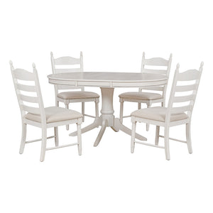 English Elm Trexm Rubberwood Round Extendable Pedestal Dining Set with Ladder Back Upholstered Chairs Antique White ST000091AAK