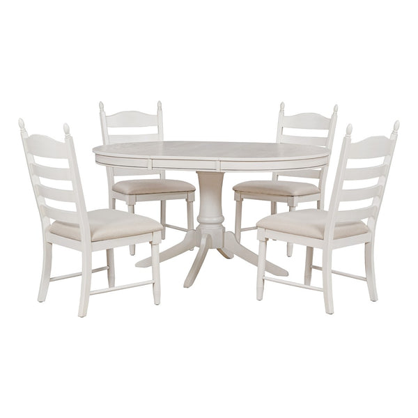 English Elm Trexm Rubberwood Round Extendable Pedestal Dining Set with Ladder Back Upholstered Chairs Antique White ST000091AAK
