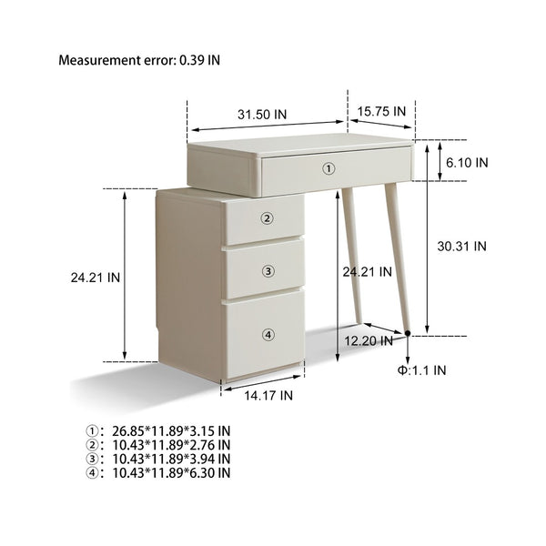English Elm (with Stool) Solid Wood Vanity Desk White Finish Compact Bedroom Organizer Drawers W1283S00003