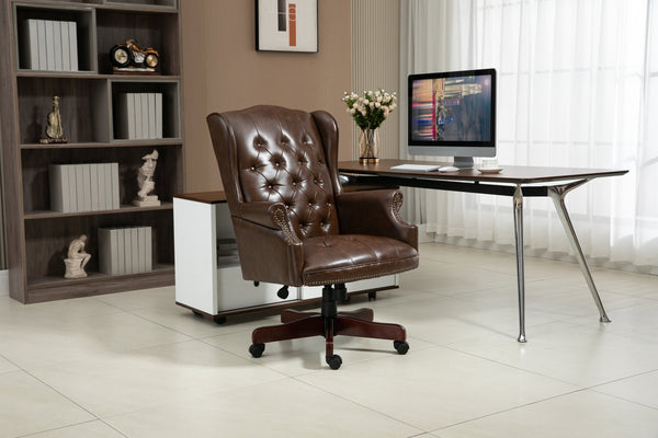 English Elm Executive Executive Office Chair High Back Recliner - Ergonomic PU Leather, Thick Padding, Height Adjustable 18-22in Brown W1333109019