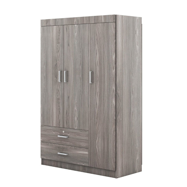 English Elm 3-door Wardrobe with Drawers Mdf Contemporary Bedroom Storage Silver Bar Handles Gray LP006001AAE
