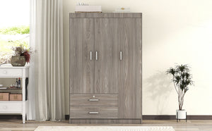 English Elm 3-door Wardrobe with Drawers Mdf Contemporary Bedroom Storage Silver Bar Handles Gray LP006001AAE-1