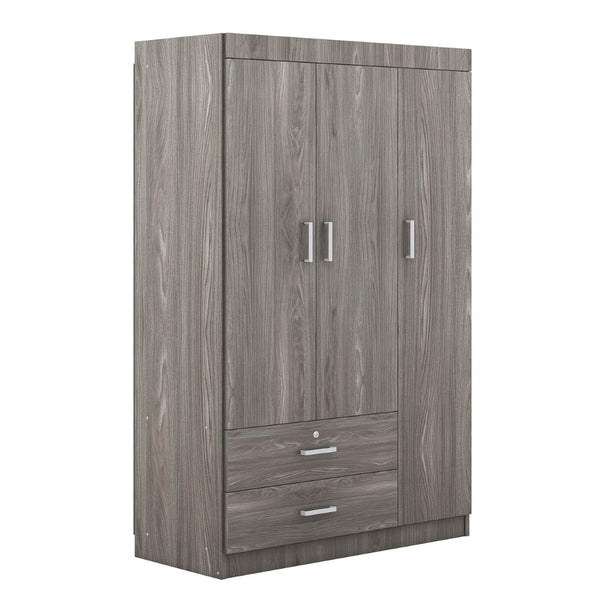 English Elm 3-door Wardrobe with Drawers Mdf Contemporary Bedroom Storage Silver Bar Handles Gray LP006001AAE