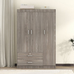 English Elm 3-door Wardrobe with Drawers Mdf Contemporary Bedroom Storage Silver Bar Handles Gray LP006001AAE