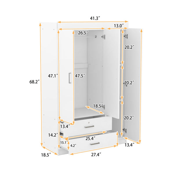 English Elm 3-door Wardrobe with Drawers Mdf Contemporary Bedroom Storage Silver Bar Handles White LP006001AAK-1