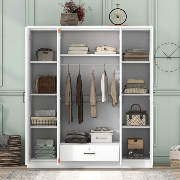 English Elm 4-door Wardrobe with Hanging Rail Shelves and Locking Drawer in White Mdf LP006002AAK
