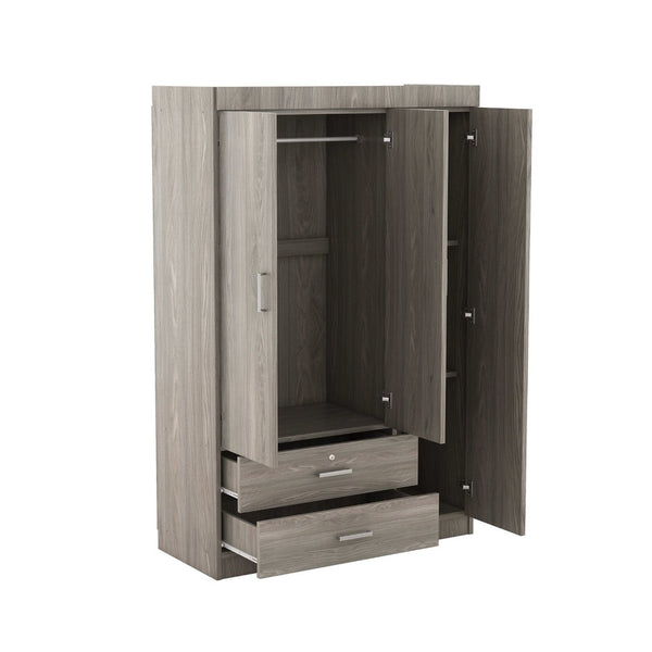English Elm 3-door Wardrobe with Drawers Mdf Contemporary Bedroom Storage Silver Bar Handles Gray LP006001AAE