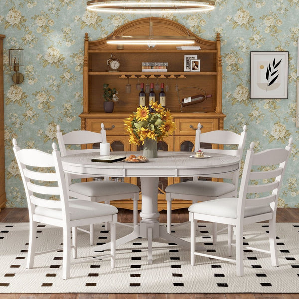 English Elm Trexm Rubberwood Round Extendable Pedestal Dining Set with Ladder Back Upholstered Chairs Antique White ST000091AAK
