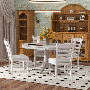 English Elm Trexm Rubberwood Round Extendable Pedestal Dining Set with Ladder Back Upholstered Chairs Antique White ST000091AAK