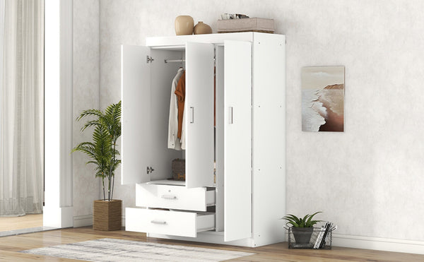 English Elm 3-door Wardrobe with Drawers Mdf Contemporary Bedroom Storage Silver Bar Handles White LP006001AAK