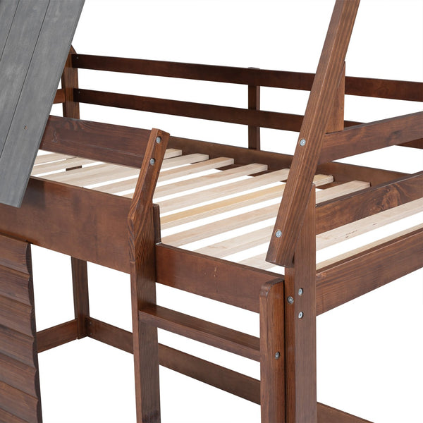 English Elm Wood Twin House Bunk Bed with Roof, Ladder & Windows in Oak and Smoky Grey — Sturdy Pine Frame, Space-Saving Design GX000346AAD