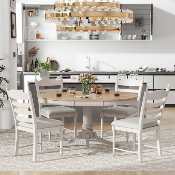 English Elm Trexm Rubberwood Round Extendable Pedestal Dining Set with Ladder Back Upholstered Chairs Off White ST000091AAD