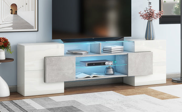 English Elm On-trend Gloss Grey Entertainment Center Led Glass Shelves Modern Living Room Storage SD000016AAE