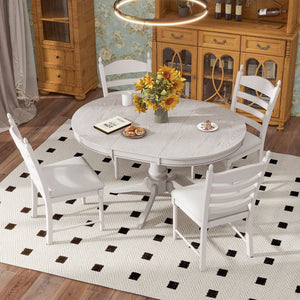 English Elm Trexm Rubberwood Round Extendable Pedestal Dining Set with Ladder Back Upholstered Chairs Antique White ST000091AAK