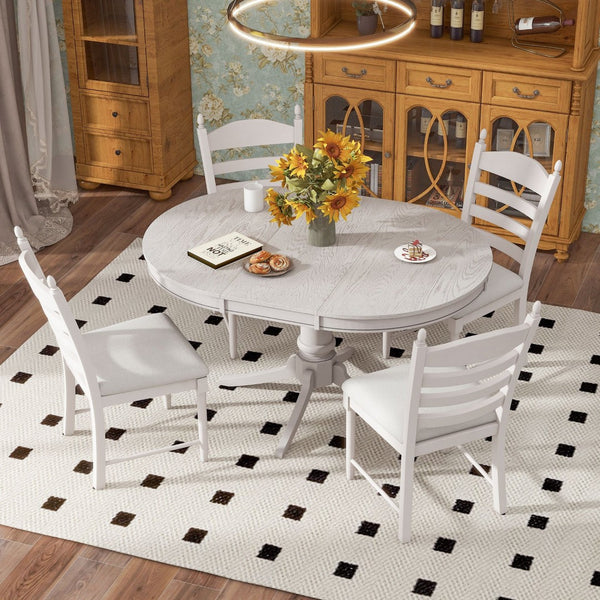 English Elm Trexm Rubberwood Round Extendable Pedestal Dining Set with Ladder Back Upholstered Chairs Antique White ST000091AAK