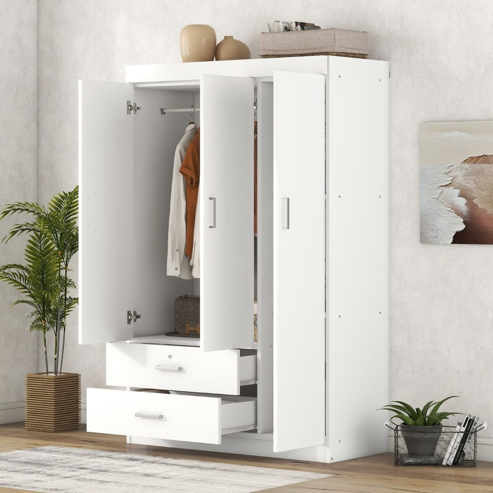 English Elm 3-door Wardrobe with Drawers Mdf Contemporary Bedroom Storage Silver Bar Handles White LP006001AAK-1