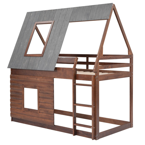 English Elm Wood Twin House Bunk Bed with Roof, Ladder & Windows in Oak and Smoky Grey — Sturdy Pine Frame, Space-Saving Design GX000346AAD