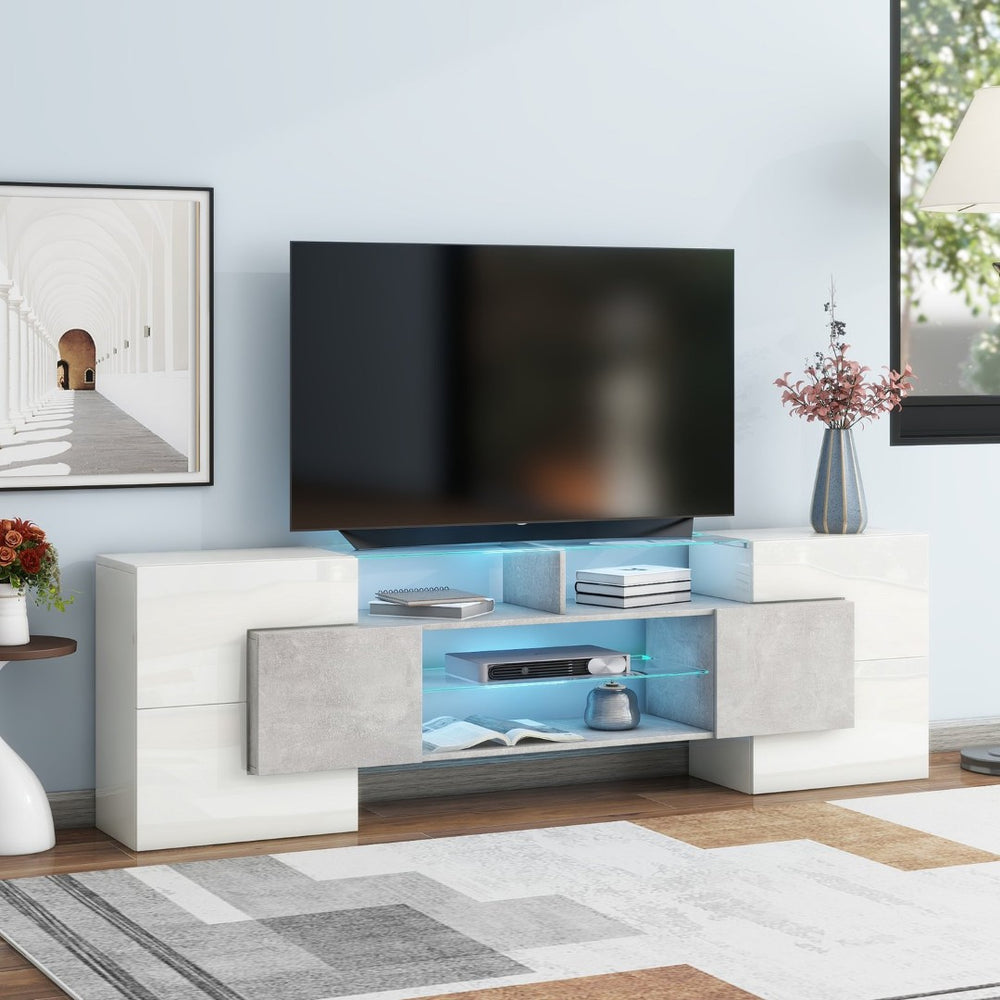 English Elm On-trend Gloss Grey Entertainment Center Led Glass Shelves Modern Living Room Storage SD000016AAE