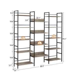 English Elm Triple Triple Wide 5-Shelf Bookshelves Industrial Retro Wooden Style Large Open Display Unit with Anti-Tip Straps and Adjustable Feet for Home Office Storage and Decor 69.3"W x 11.8"D x 70.1"H Grey W1668102869