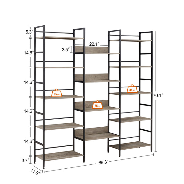 English Elm Triple Triple Wide 5-Shelf Bookshelves Industrial Retro Wooden Style Large Open Display Unit with Anti-Tip Straps and Adjustable Feet for Home Office Storage and Decor 69.3"W x 11.8"D x 70.1"H Grey W1668102869