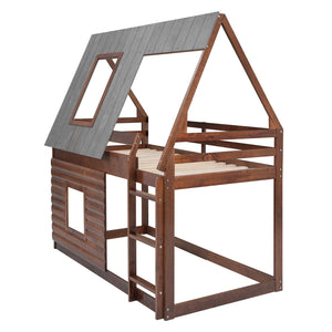 English Elm Wood Twin House Bunk Bed with Roof, Ladder & Windows in Oak and Smoky Grey — Sturdy Pine Frame, Space-Saving Design GX000346AAD