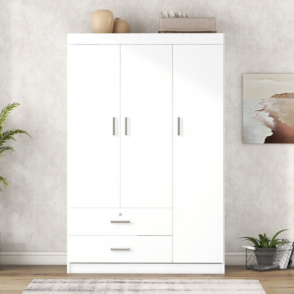 English Elm 3-door Wardrobe with Drawers Mdf Contemporary Bedroom Storage Silver Bar Handles White LP006001AAK-1