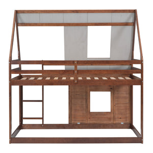 English Elm Wood Twin House Bunk Bed with Roof, Ladder & Windows in Oak and Smoky Grey — Sturdy Pine Frame, Space-Saving Design GX000346AAD