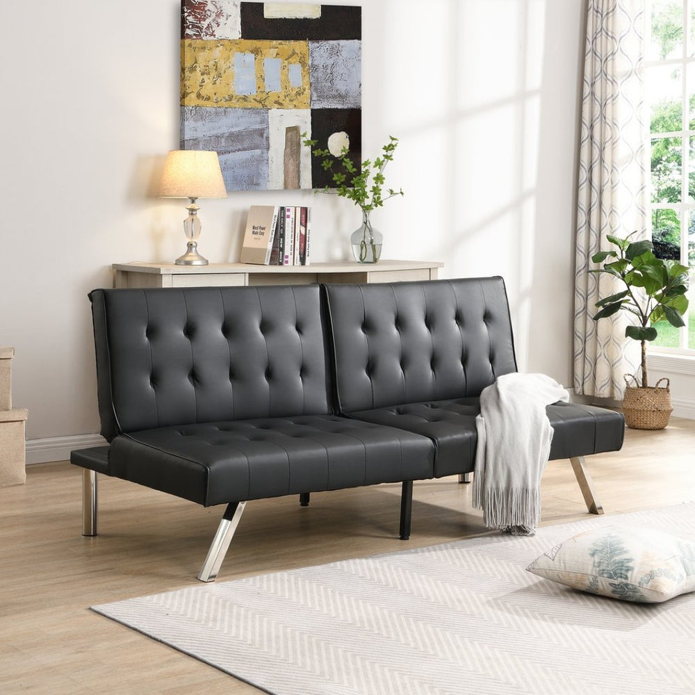 English Elm Sofa Bed Black Pvc Convertible Lounger for Studio Apartments and Guest Rooms W21481811