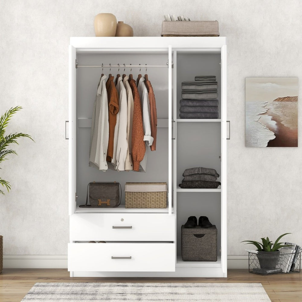 English Elm 3-door Wardrobe with Drawers Mdf Contemporary Bedroom Storage Silver Bar Handles White LP006001AAK