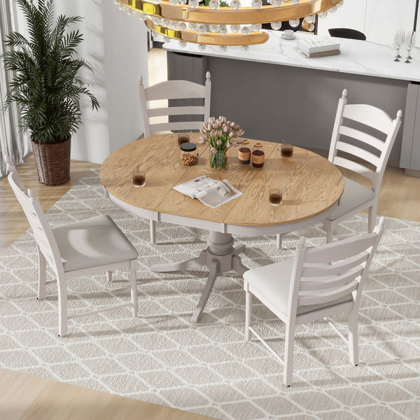 English Elm Trexm Rubberwood Round Extendable Pedestal Dining Set with Ladder Back Upholstered Chairs Off White ST000091AAD