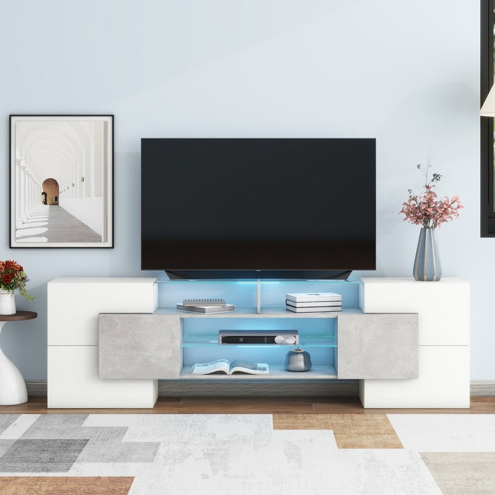 English Elm On-trend Gloss Grey Entertainment Center Led Glass Shelves Modern Living Room Storage SD000016AAE