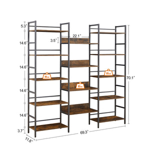 English Elm Triple Triple Wide 5-Shelf Bookshelves Industrial Retro Wooden Style Large Open Display Unit with Anti-Tip Straps and Adjustable Feet for Home Office Storage and Decor 69.3"W x 11.8"D x 70.1"H Rustic Brown W1668102868