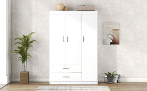 English Elm 3-door Wardrobe with Drawers Mdf Contemporary Bedroom Storage Silver Bar Handles White LP006001AAK