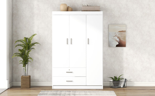 English Elm 3-door Wardrobe with Drawers Mdf Contemporary Bedroom Storage Silver Bar Handles White LP006001AAK