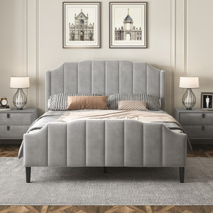 English Elm Queen Size Upholstered Platform Bed With Headboard and Footboard,No Box Spring Needed, Velvet Fabric,Gray