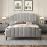 Queen Size Upholstered Platform Bed, Velvet Fabric, Gray - No Box Spring Needed