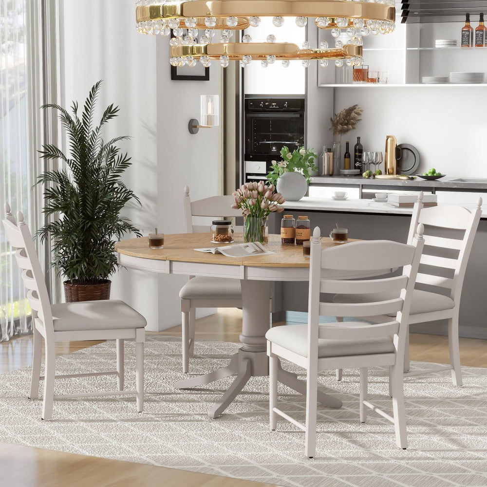 English Elm Trexm Rubberwood Round Extendable Pedestal Dining Set with Ladder Back Upholstered Chairs Off White ST000091AAD