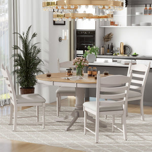 English Elm Trexm Rubberwood Round Extendable Pedestal Dining Set with Ladder Back Upholstered Chairs Off White ST000091AAD