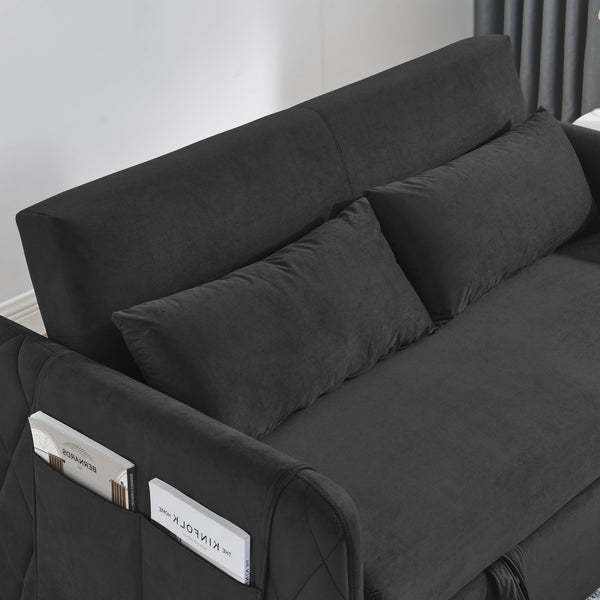 English Elm 55" Modern Convertible Sofa Bed Velvet Loveseat with Pull-Out Frame, 3-Position Recline, Storage Pockets, Plush Pillows Black W119363989