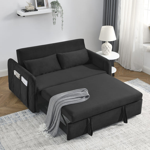 English Elm 55" Modern Convertible Sofa Bed Velvet Loveseat with Pull-Out Frame, 3-Position Recline, Storage Pockets, Plush Pillows Black W119363989
