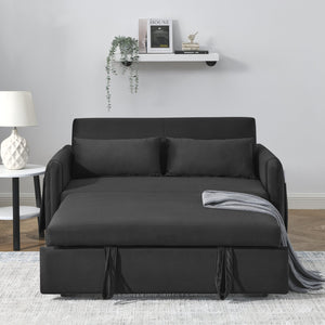 English Elm 55" Modern Convertible Sofa Bed Velvet Loveseat with Pull-Out Frame, 3-Position Recline, Storage Pockets, Plush Pillows Black W119363989