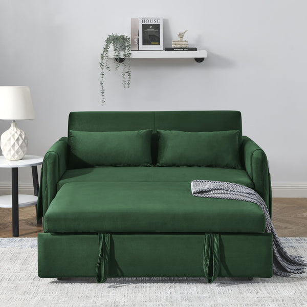 English Elm 55" Modern Convertible Sofa Bed Velvet Loveseat with Pull-Out Frame, 3-Position Recline, Storage Pockets, Plush Pillows Green W119363993