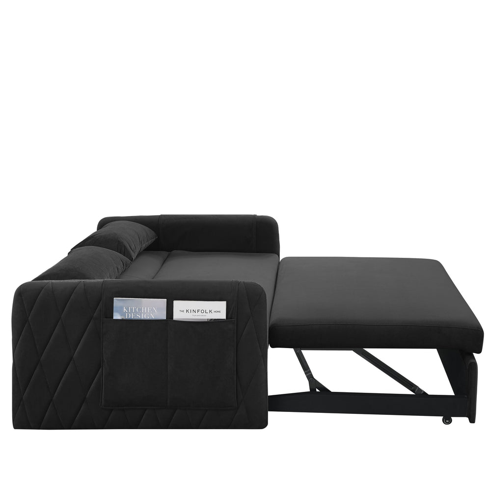 English Elm 55" Modern Convertible Sofa Bed Velvet Loveseat with Pull-Out Frame, 3-Position Recline, Storage Pockets, Plush Pillows Black W119363989