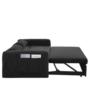 English Elm 55" Modern Convertible Sofa Bed Velvet Loveseat with Pull-Out Frame, 3-Position Recline, Storage Pockets, Plush Pillows Black W119363989