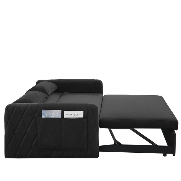 English Elm 55" Modern Convertible Sofa Bed Velvet Loveseat with Pull-Out Frame, 3-Position Recline, Storage Pockets, Plush Pillows Black W119363989