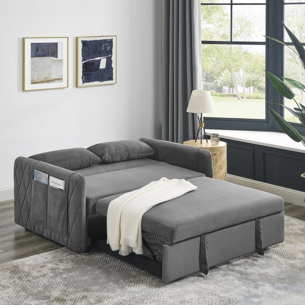 English Elm 55" Modern Convertible Sofa Bed Velvet Loveseat with Pull-Out Frame, 3-Position Recline, Storage Pockets, Plush Pillows Grey W119363990