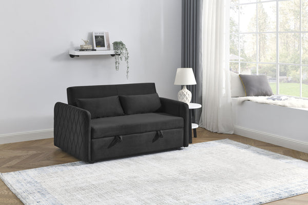 English Elm 55" Modern Convertible Sofa Bed Velvet Loveseat with Pull-Out Frame, 3-Position Recline, Storage Pockets, Plush Pillows Black W119363989