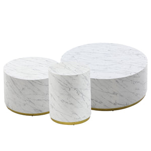 English Elm Set Of 3 White Marble Pattern Round Coffee Table Side Table End Table Set For Living Room Fully Assembled