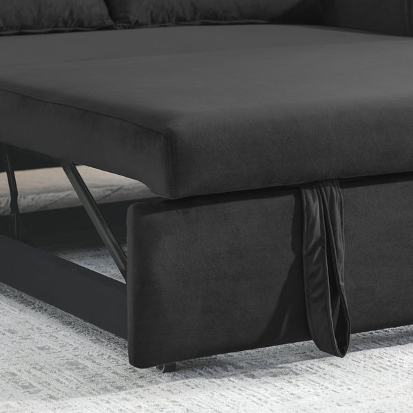 English Elm 55" Modern Convertible Sofa Bed Velvet Loveseat with Pull-Out Frame, 3-Position Recline, Storage Pockets, Plush Pillows Black W119363989
