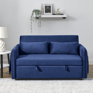 English Elm 55" Modern Convertible Sofa Bed Velvet Loveseat with Pull-Out Frame, 3-Position Recline, Storage Pockets, Plush Pillows Blue W119363992